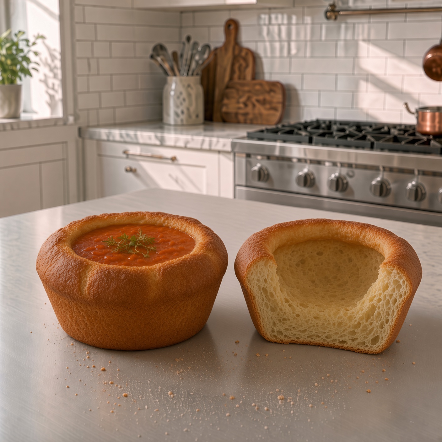 Personal bread bowl with soup